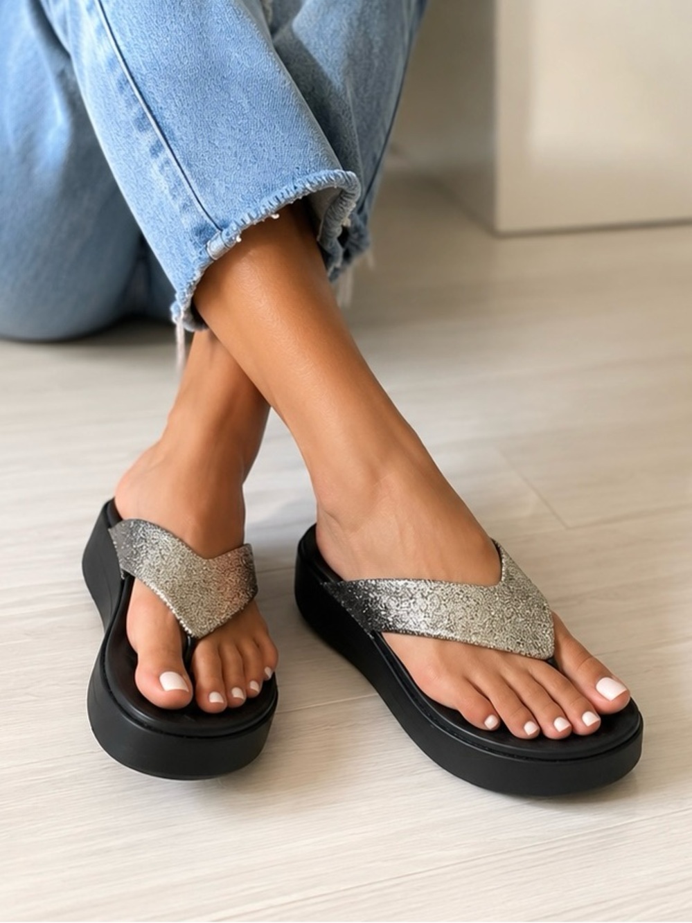 Crocs Glitter Platform Flip Flop Sandals Black Silver W6 NWOT